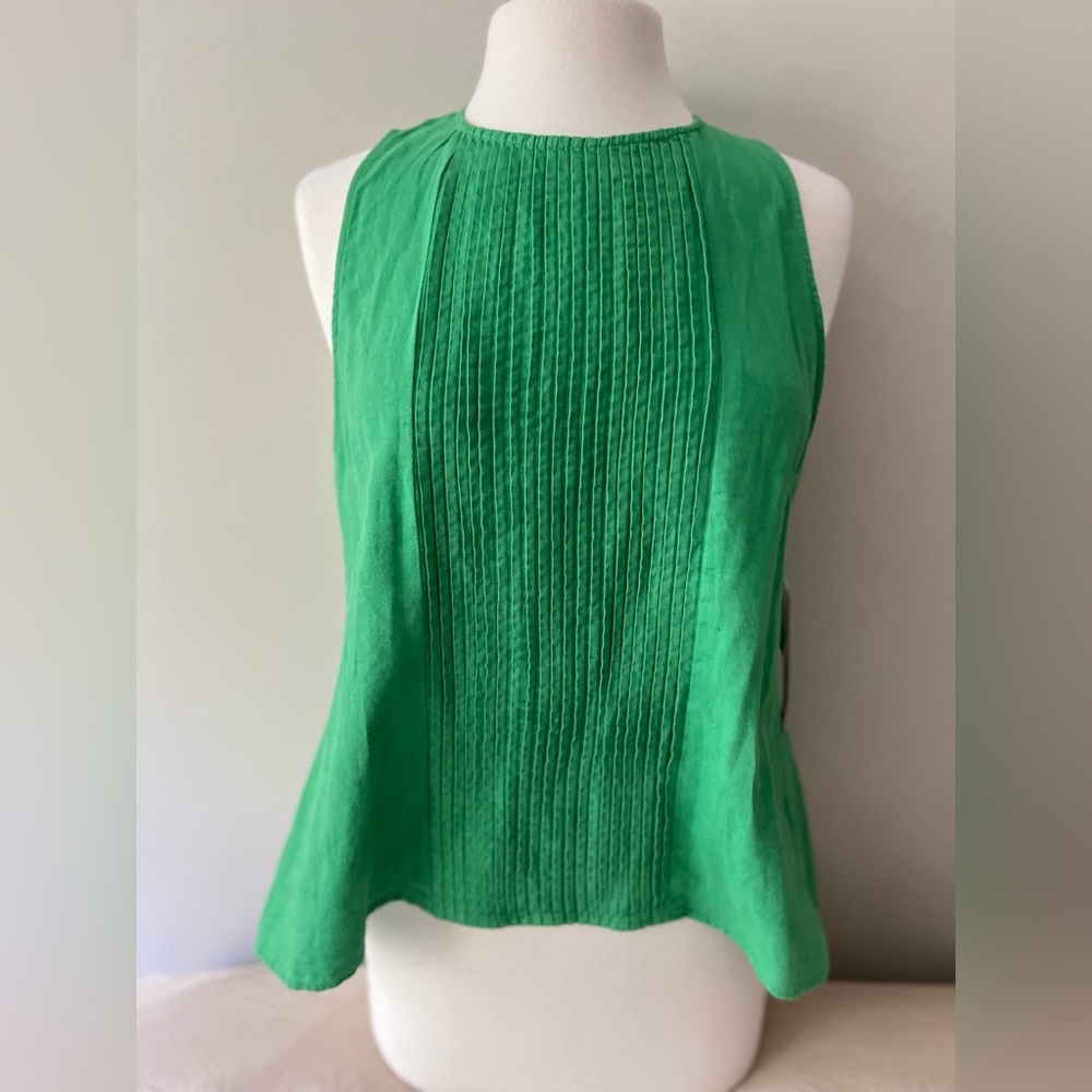 Zara A-line High Neck Peplum Linen Green Open Back Tank Top Shirt Womens M